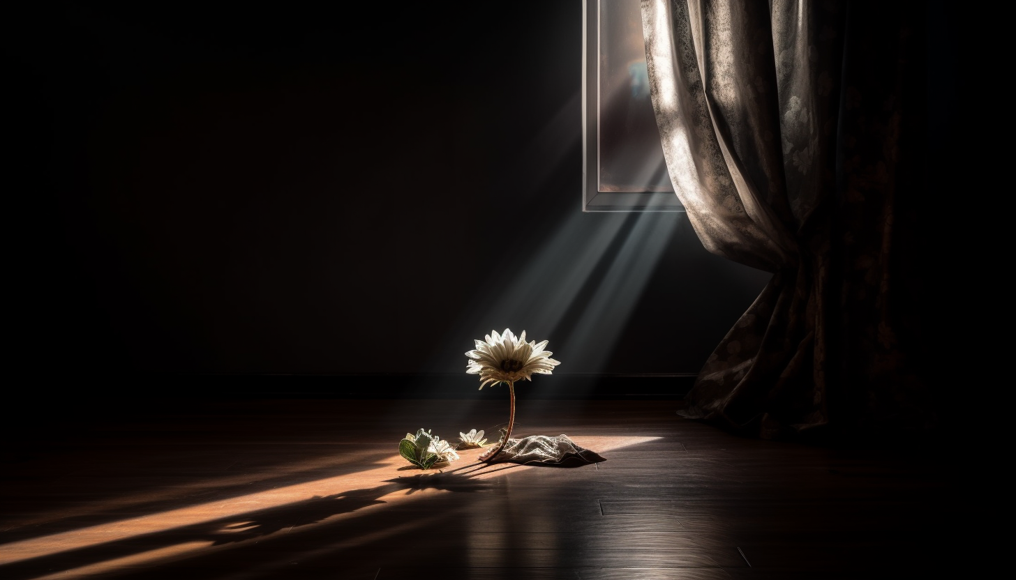 Dark dusty room, window with curtain drawn back, single ray of sunlight shining onto ground where a small flower is growing.