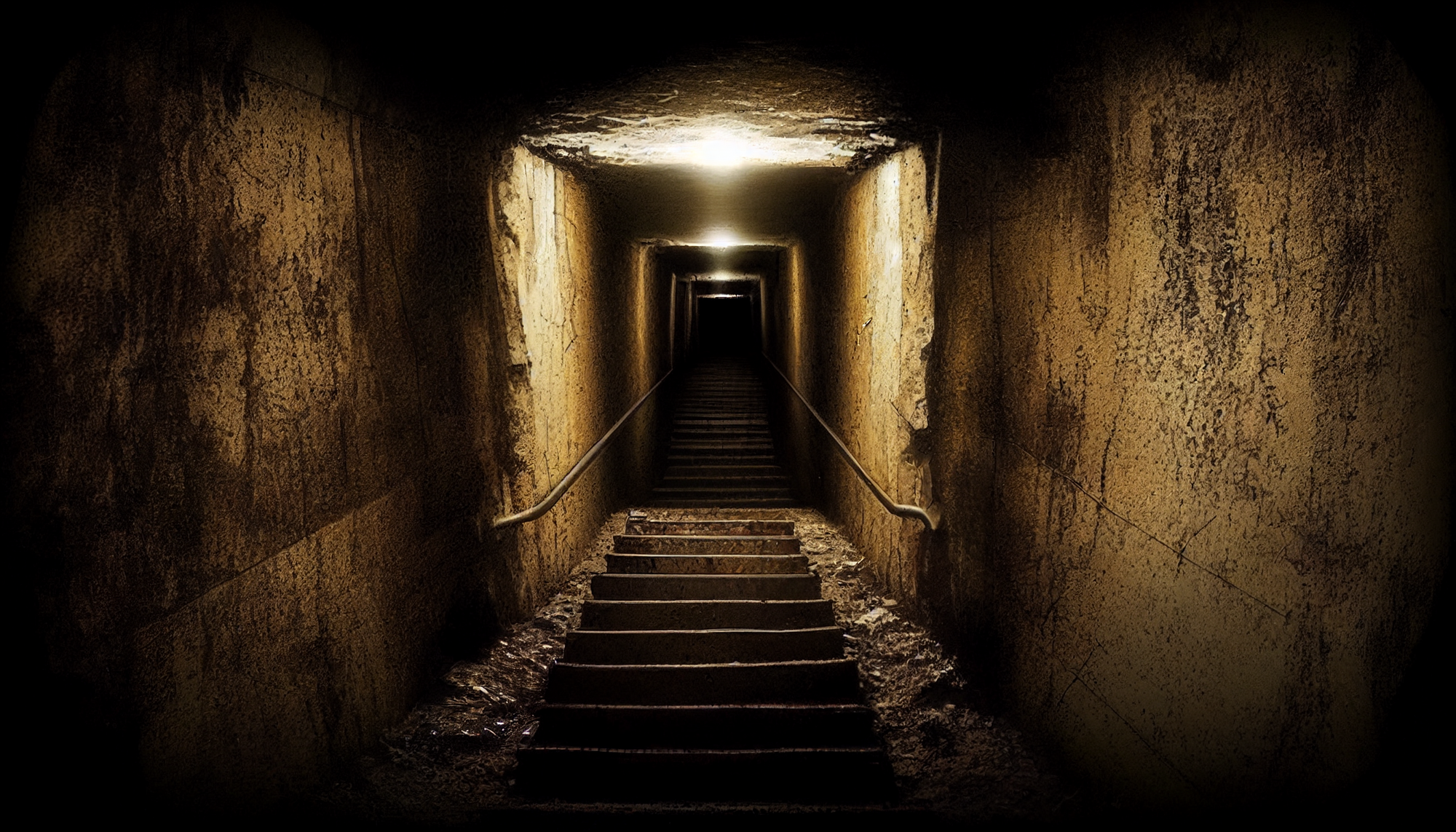 Deep underground basement, corridor and steps down into dark unknown, single soft light, brown earth crumbling walls
