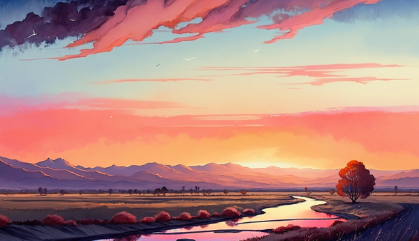 Peaceful sunrise landscape with winding river, mountain range on horizon in watercolour pinks blues and orange.
